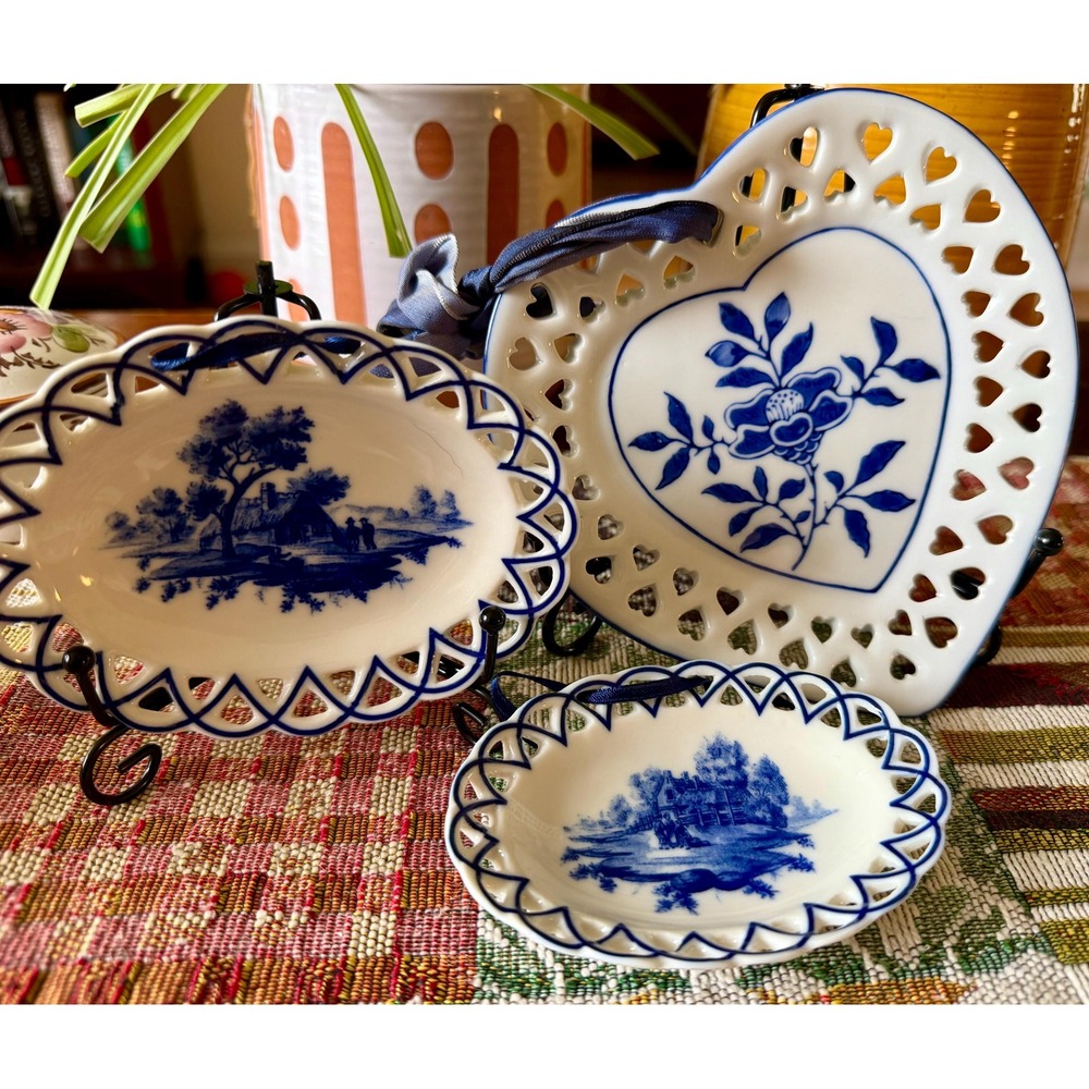 Vintage Blue and White Reticulated Porcelain Wall Plates - Gallery Accent